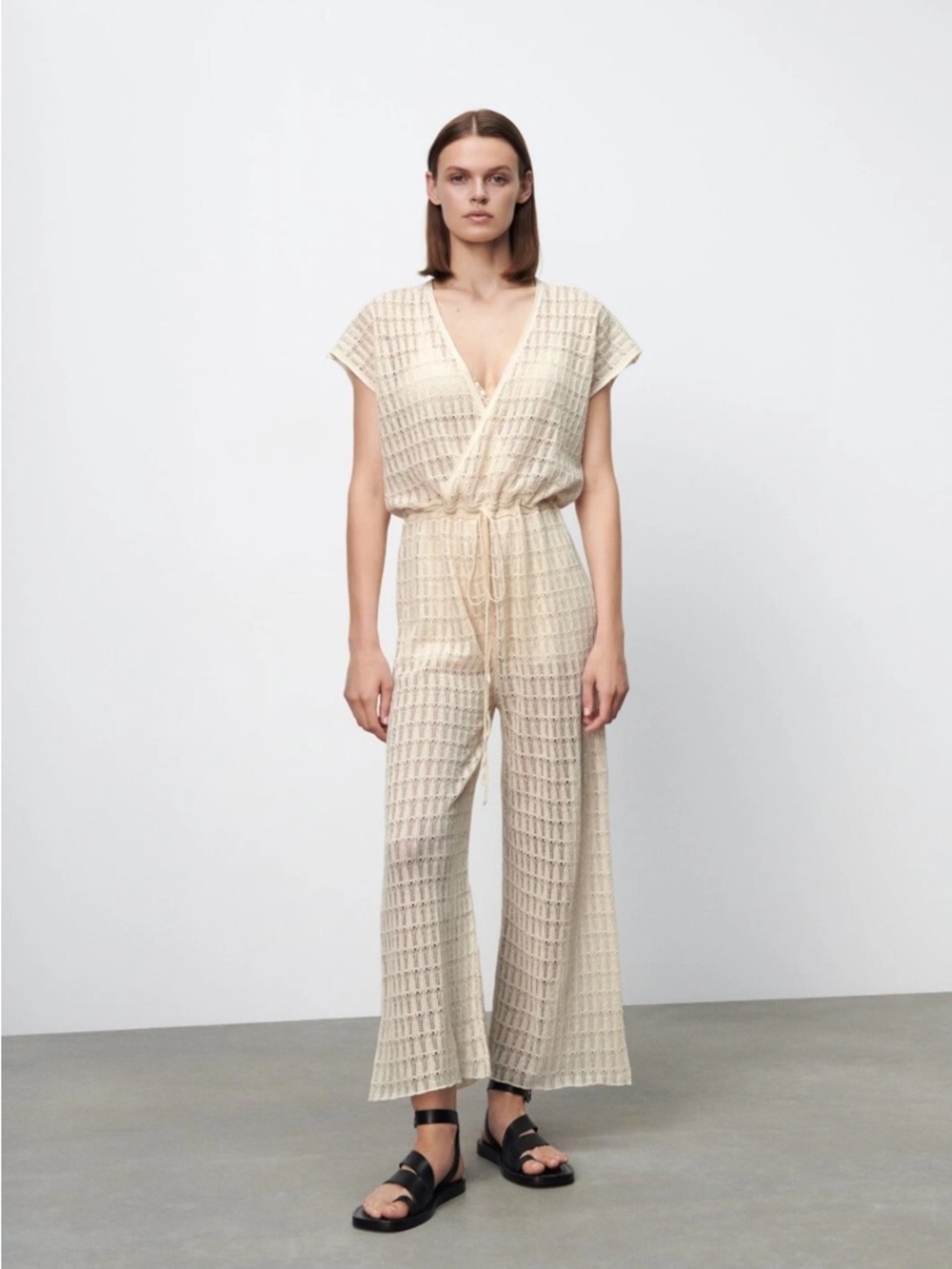 Zara | S | Cream Crochet-Pattern Wide-Leg Jumpsuit